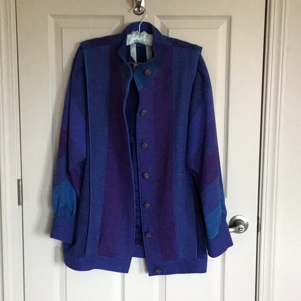 Women’s woven wool coat from Ireland size M blue teal purple stripe